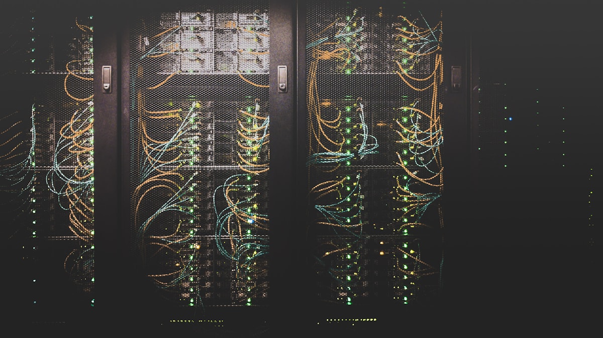 Server room with network switching and routing infrastructure
